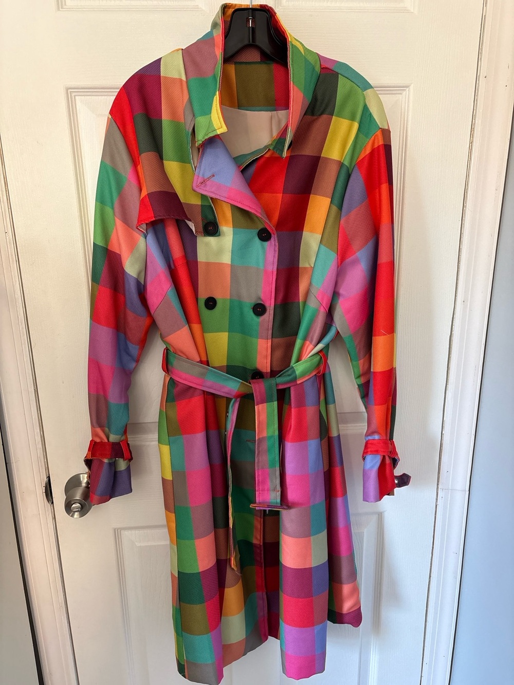 Plus Size Rainbow Plaid Belted Trench Coat Size 3XL - Picture 4 of 12